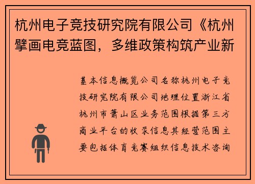 杭州电子竞技研究院有限公司《杭州擘画电竞蓝图，多维政策构筑产业新高地》